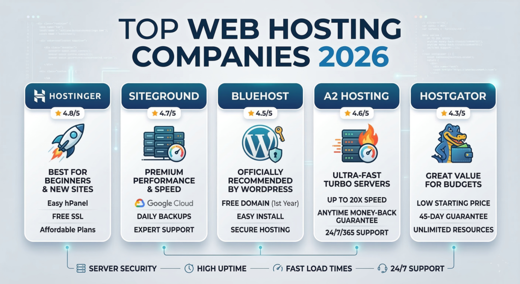 إنفوجرافيك يوضح مقارنة بين أفضل 5 شركات استضافة مواقع لعام 2026 تشمل Hostinger وSiteGround وBluehost وA2 Hosting وHostGator مع توضيح مميزات كل شركة وتقييمها.