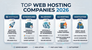 إنفوجرافيك يوضح مقارنة بين أفضل 5 شركات استضافة مواقع لعام 2026 تشمل Hostinger وSiteGround وBluehost وA2 Hosting وHostGator مع توضيح مميزات كل شركة وتقييمها.